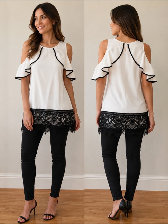 Tops - Women’s White Cold-Shoulder top with Black Lace Trim - size Medium NWT